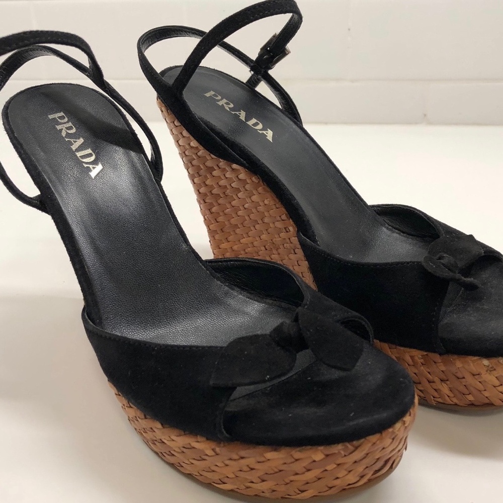 PRADA BLACK SUEDE + WICKER WEDGE PEEP TOE SANDALS - Picture 2 of 8